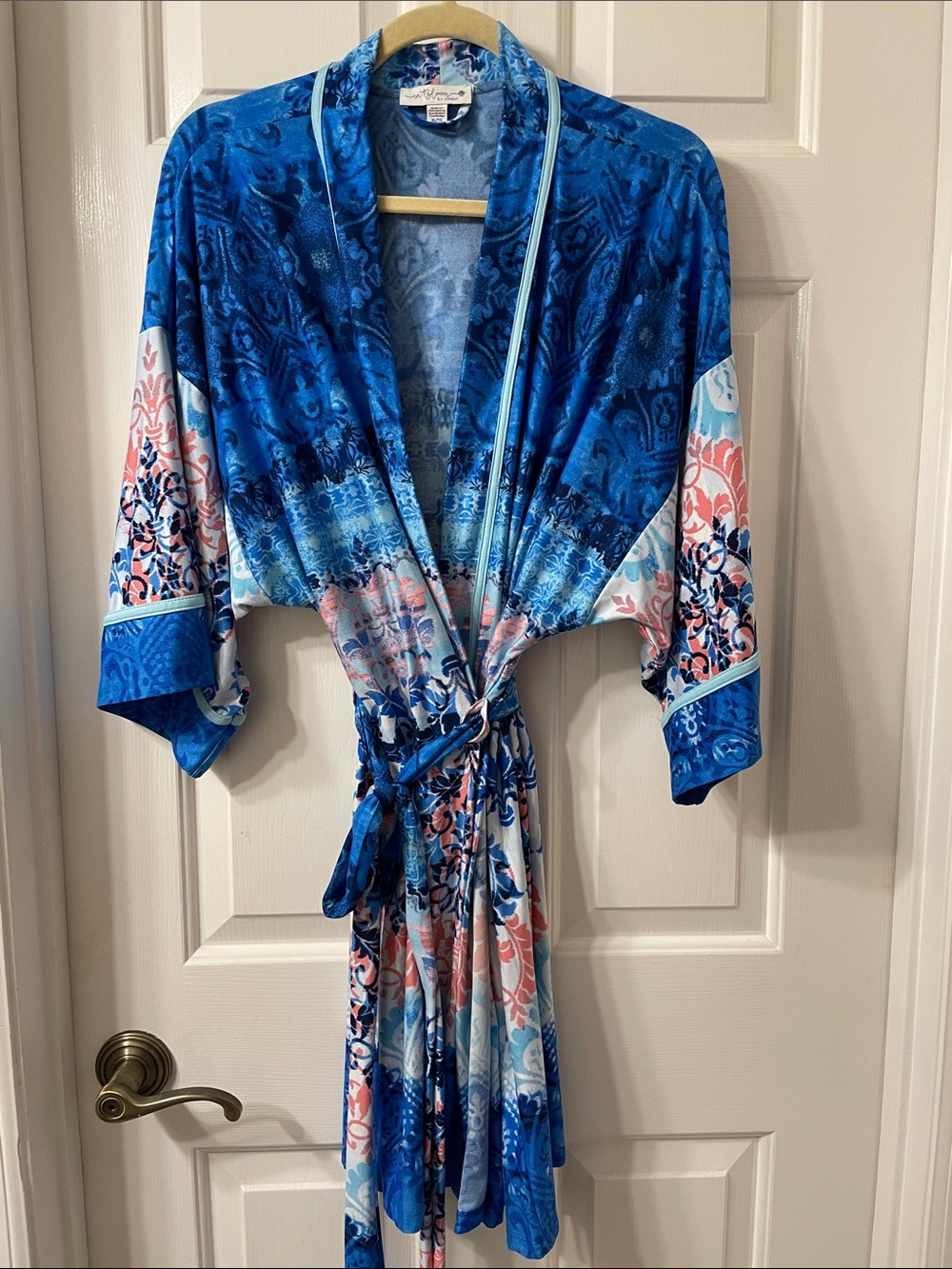 Blue Printed Satin Kimono Robe with Tie - Women Intimates & Sleepwear